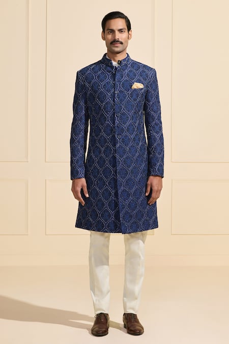 Raghavendra Rathore Jodhpur_Blue Silk Bespoke Patterned Sherwani _Online_at_Aza_Fashions
