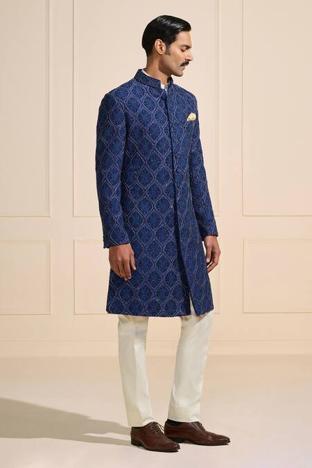 Buy_Raghavendra Rathore Jodhpur_Blue Silk Bespoke Patterned Sherwani _Online_at_Aza_Fashions