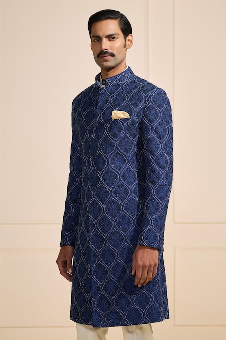 Shop_Raghavendra Rathore Jodhpur_Blue Silk Bespoke Patterned Sherwani _Online_at_Aza_Fashions