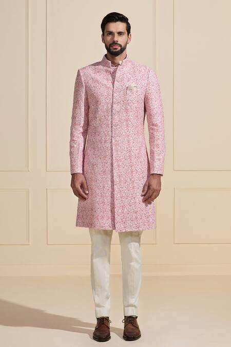 Raghavendra Rathore Jodhpur Pink Silk Embroidery Rose-tinted Raw Sherwani Online at Aza Fashions Raghavendra Rathore Jodhpur_Pink Silk Embroidery Rose-tinted Raw Sherwani _Online_at_Aza_Fashions