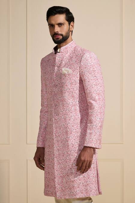 Shop Raghavendra Rathore Jodhpur Pink Silk Embroidery Rose-tinted Raw Sherwani Online at Aza Fashions Shop_Raghavendra Rathore Jodhpur_Pink Silk Embroidery Rose-tinted Raw Sherwani _Online_at_Aza_Fashions