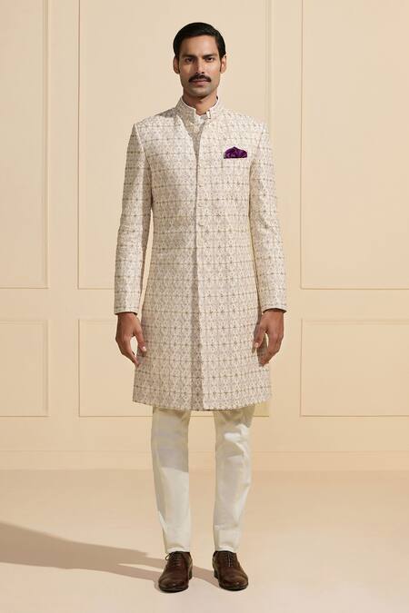 Raghavendra Rathore Jodhpur Off White Cotton Embroidery Designer Monarchical Sherwani Online at Aza Fashions Raghavendra Rathore Jodhpur_Off White Cotton Embroidery Designer Monarchical Sherwani _Online_at_Aza_Fashions