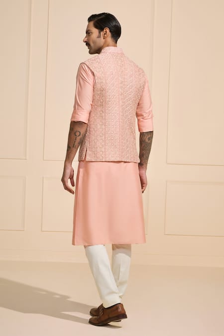 Raghavendra Rathore Jodhpur Peach Brocade Nehru Jacket 