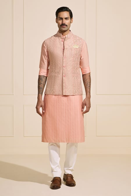 Raghavendra Rathore Jodhpur_Peach Silk Embroidery Brocade Nehru Jacket _Online_at_Aza_Fashions