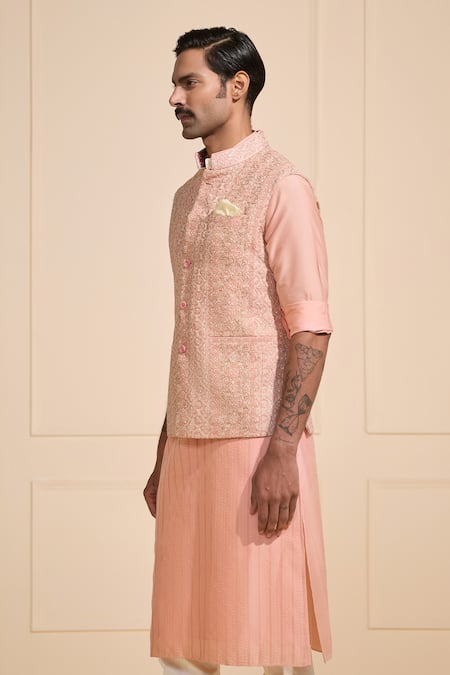 Buy_Raghavendra Rathore Jodhpur_Peach Silk Embroidery Brocade Nehru Jacket _Online_at_Aza_Fashions