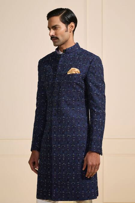 Raghavendra Rathore Jodhpur_Blue Silk Embroidery Textured Sherwani _Online_at_Aza_Fashions