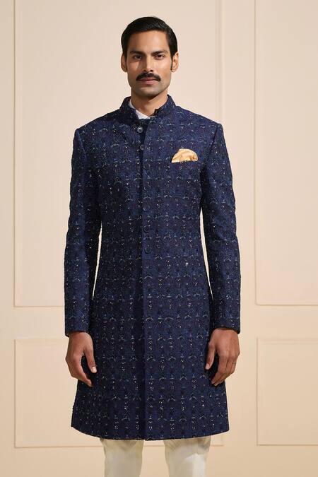 Buy_Raghavendra Rathore Jodhpur_Blue Silk Embroidery Textured Sherwani _Online_at_Aza_Fashions