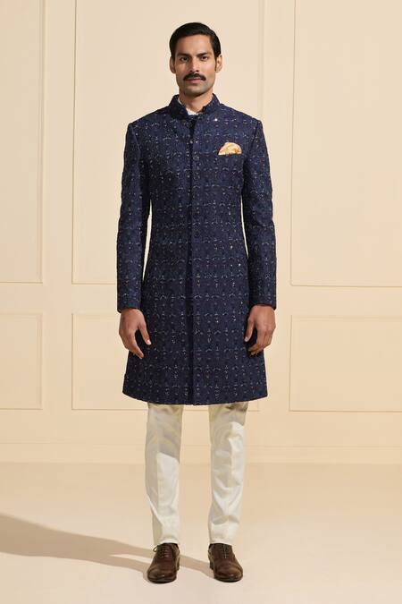 Shop_Raghavendra Rathore Jodhpur_Blue Silk Embroidery Textured Sherwani _Online_at_Aza_Fashions