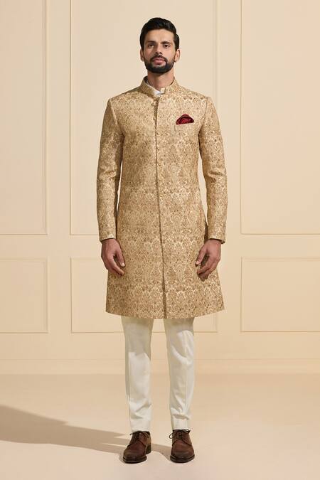Raghavendra Rathore Jodhpur_Gold Brocade Gilded Tapestry Royale Sherwani _Online_at_Aza_Fashions
