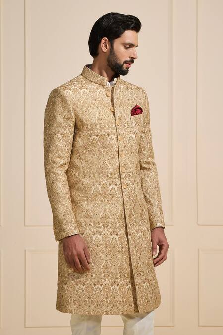 Buy_Raghavendra Rathore Jodhpur_Gold Brocade Gilded Tapestry Royale Sherwani _Online_at_Aza_Fashions