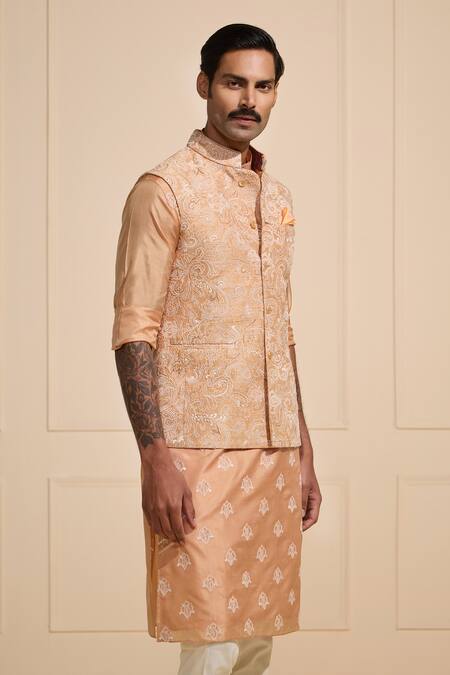 Raghavendra Rathore Jodhpur_Peach Silk Embroidery Nehru Jacket _Online_at_Aza_Fashions