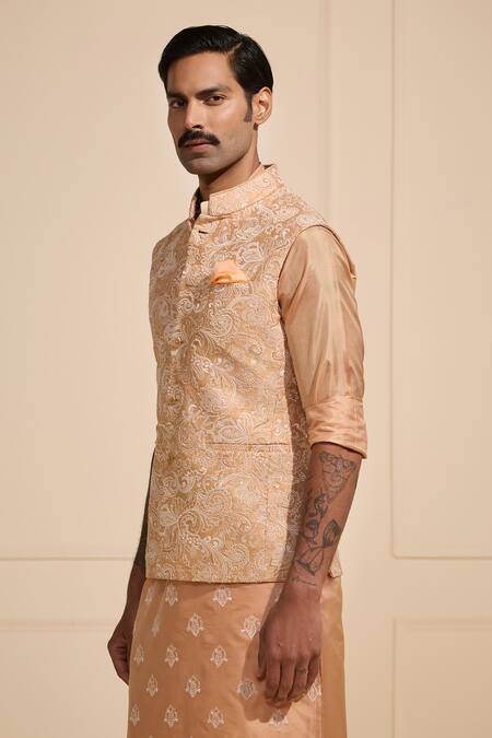 Buy_Raghavendra Rathore Jodhpur_Peach Silk Embroidery Nehru Jacket _Online_at_Aza_Fashions