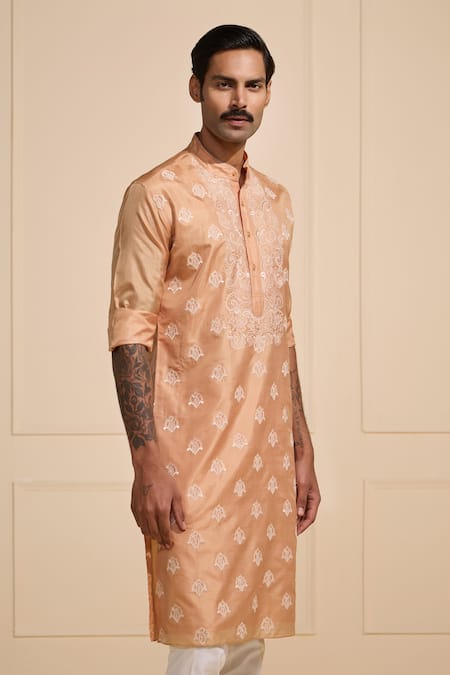 Raghavendra Rathore Jodhpur_Peach Silk Embroidery Raw Designer Kurta _Online_at_Aza_Fashions