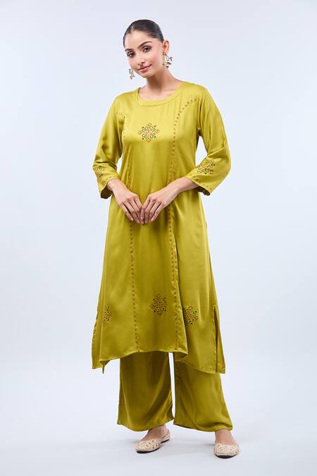 Buy_Samyukta Singhania_Yellow Round Neck Printed Straight Kurta Set_Online_at_Aza_Fashions