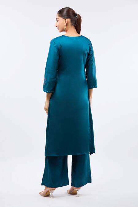 Shop_Samyukta Singhania_Rust Silk, Gingham Round Neck Rama Green Printed Kurta Set _at_Aza_Fashions