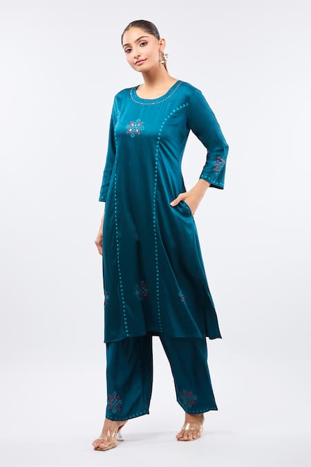Shop_Samyukta Singhania_Rust Silk, Gingham Round Neck Rama Green Printed Kurta Set _Online_at_Aza_Fashions