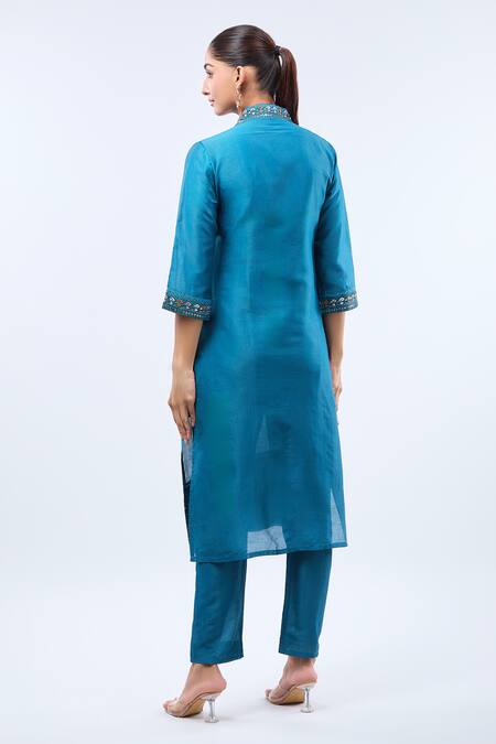 Shop_Samyukta Singhania_Rust Gingham, Silk Embroidery Split V-neck Rama Green Kurta Set _at_Aza_Fashions