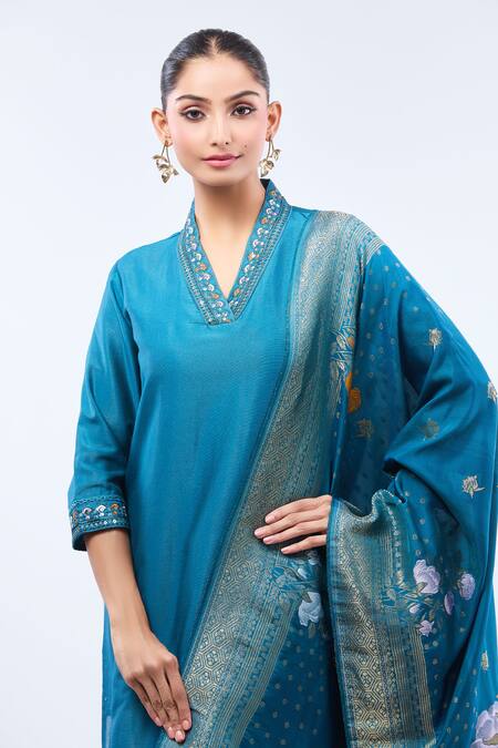 Shop_Samyukta Singhania_Rust Gingham, Silk Embroidery Split V-neck Rama Green Kurta Set _Online_at_Aza_Fashions