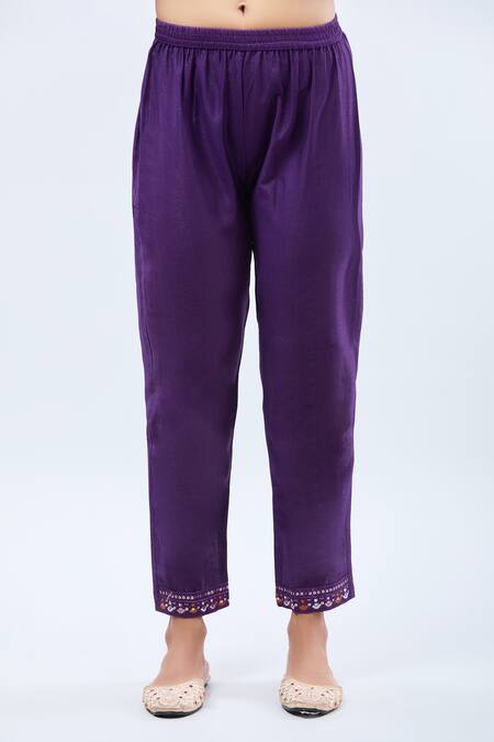 Shop_Samyukta Singhania_Purple Gabardine Embroidery Split V-neck Kurta Set _Online_at_Aza_Fashions