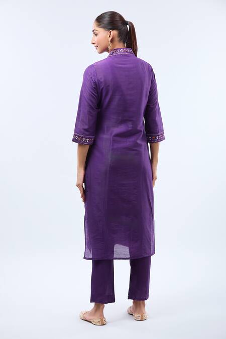 Shop_Samyukta Singhania_Purple Gabardine Embroidery Split V-neck Kurta Set _at_Aza_Fashions