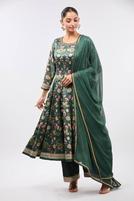 Samyukta Singhania_Green Silk Embroidery Round Neck Floral Print Anarkali Kurta Set_Online_at_Aza_Fashions
