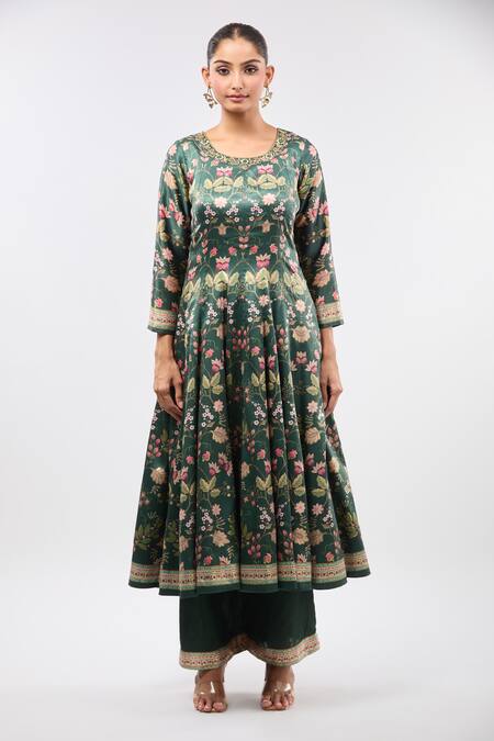 Buy_Samyukta Singhania_Green Silk Embroidery Round Neck Floral Print Anarkali Kurta Set_Online_at_Aza_Fashions
