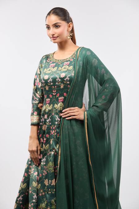 Shop_Samyukta Singhania_Green Silk Embroidery Round Neck Floral Print Anarkali Kurta Set_Online_at_Aza_Fashions