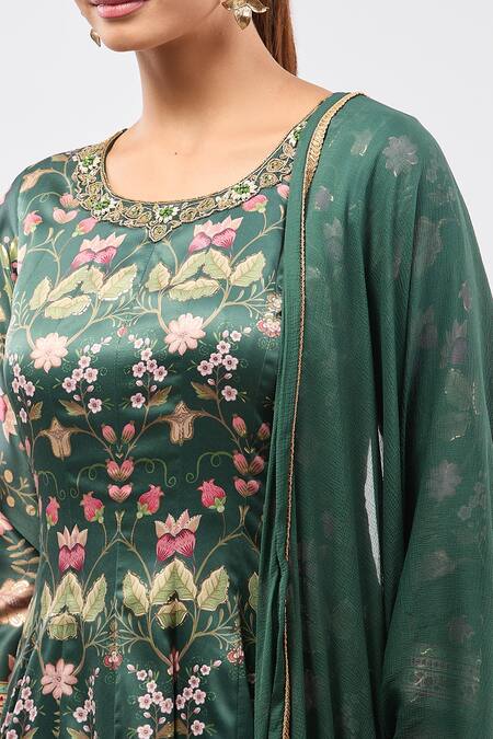 Buy_Samyukta Singhania_Green Silk Embroidery Round Neck Floral Print Anarkali Kurta Set