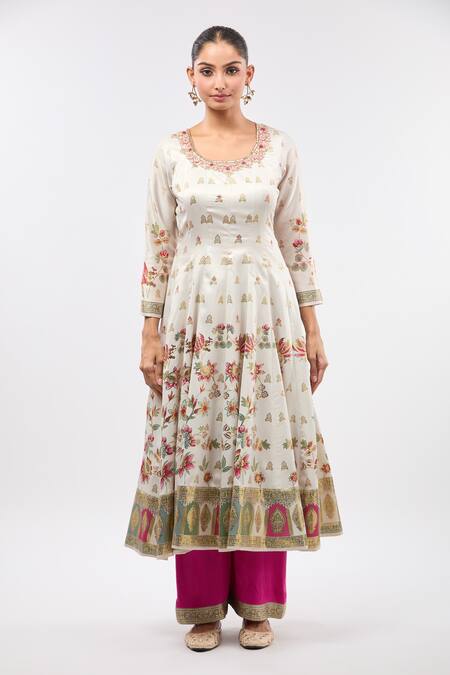 Buy_Samyukta Singhania_White Embroidery, Foil Printing Round Neck Floral Printed Anarkali Kurta Set_Online_at_Aza_Fashions