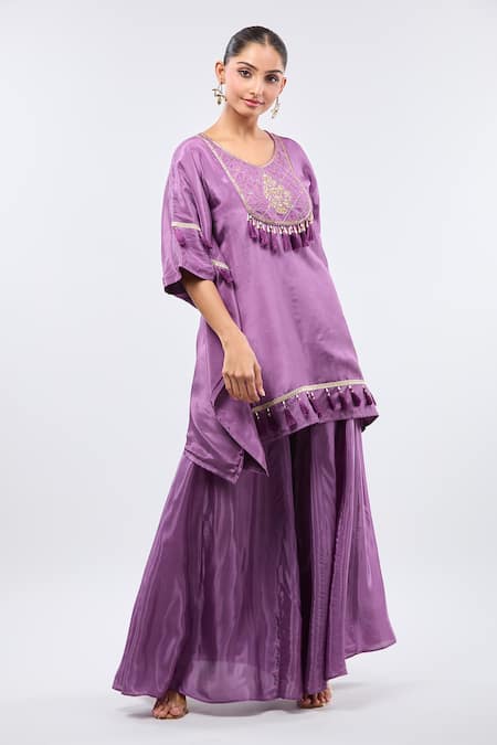 Buy_Samyukta Singhania_Purple Crepe Tassels, Embroidery Round Neck Digital Handwork Kaftan Set _Online_at_Aza_Fashions