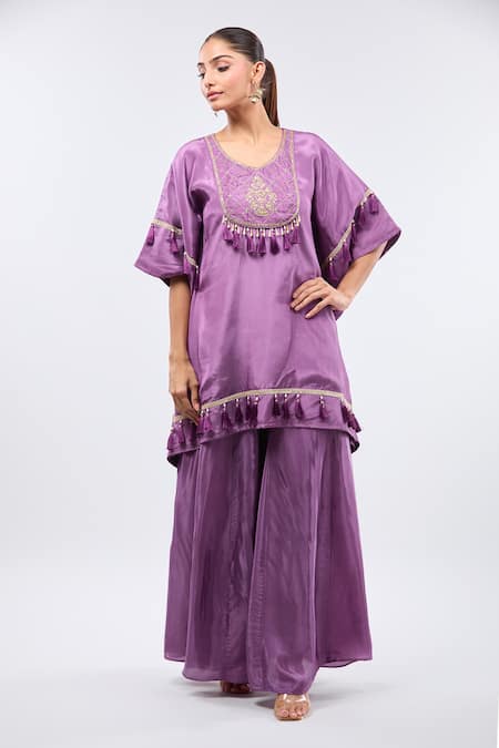 Shop_Samyukta Singhania_Purple Crepe Tassels, Embroidery Round Neck Digital Handwork Kaftan Set _Online_at_Aza_Fashions