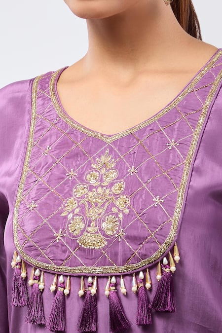 Buy_Samyukta Singhania_Purple Crepe Tassels, Embroidery Round Neck Digital Handwork Kaftan Set 