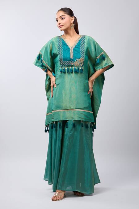 Samyukta Singhania_Green Tissue Tassels, Embroidery V-neck Kaftan Set_at_Aza_Fashions