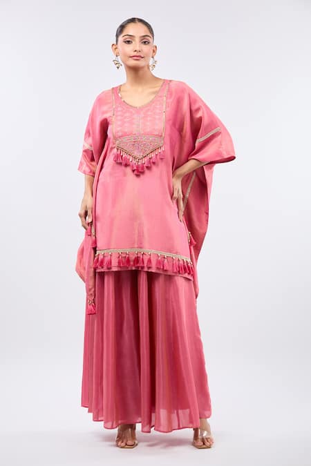 Shop_Samyukta Singhania_Pink Tissue Tassels, Embroidery Round Neck Digital Hand Work Kaftan Set _Online_at_Aza_Fashions