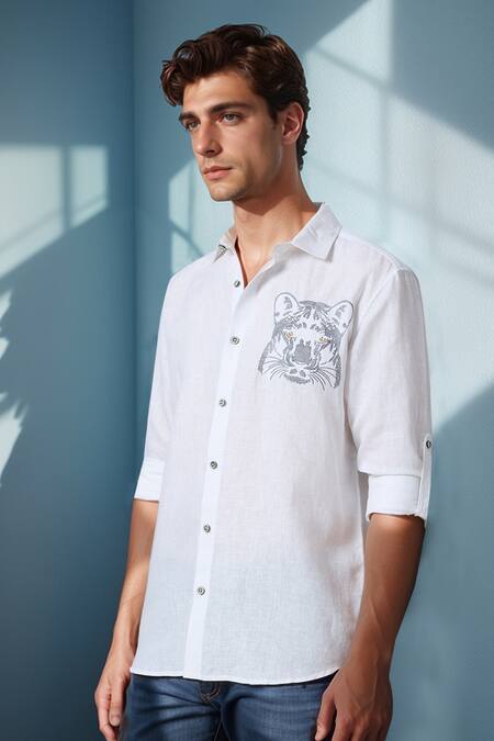 Aryavir Malhotra White Linen Embroidery Regal Panther Pure Shirt Online at Aza Fashions Aryavir Malhotra_White Linen Embroidery Regal Panther Pure Shirt _Online_at_Aza_Fashions