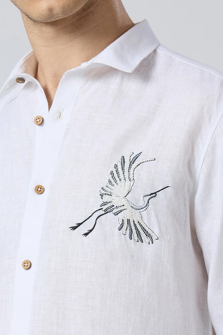Aryavir Malhotra White Linen Embroidery Celestial Crane Pure Shirt Online at Aza Fashions Aryavir Malhotra_White Linen Embroidery Celestial Crane Pure Shirt _Online_at_Aza_Fashions