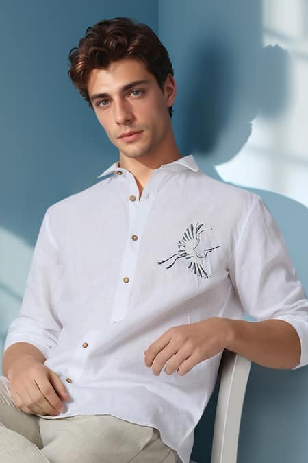 Buy Aryavir Malhotra White Linen Embroidery Celestial Crane Pure Shirt Online at Aza Fashions Buy_Aryavir Malhotra_White Linen Embroidery Celestial Crane Pure Shirt _Online_at_Aza_Fashions