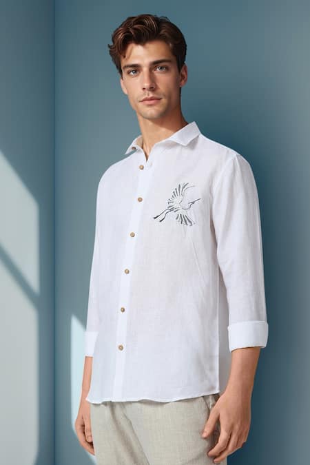 Shop Aryavir Malhotra White Linen Embroidery Celestial Crane Pure Shirt Online at Aza Fashions Shop_Aryavir Malhotra_White Linen Embroidery Celestial Crane Pure Shirt _Online_at_Aza_Fashions