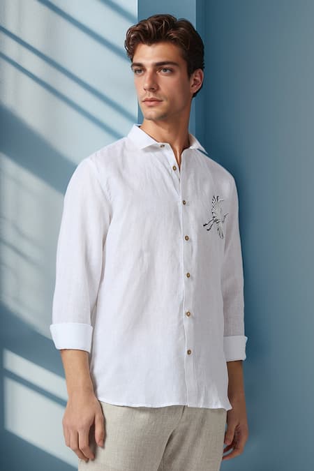 Aryavir Malhotra White Linen Embroidery Celestial Crane Pure Shirt at Aza Fashions Aryavir Malhotra_White Linen Embroidery Celestial Crane Pure Shirt _at_Aza_Fashions