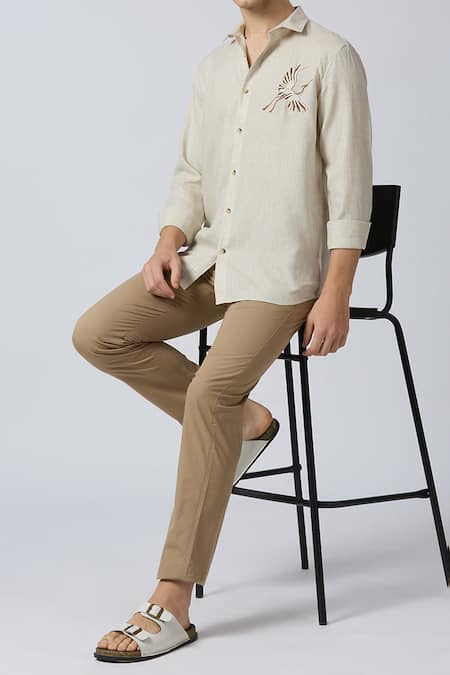 Arihant Rai Sinha_Beige Linen Embroidery Casual Shirt _Online_at_Aza_Fashions