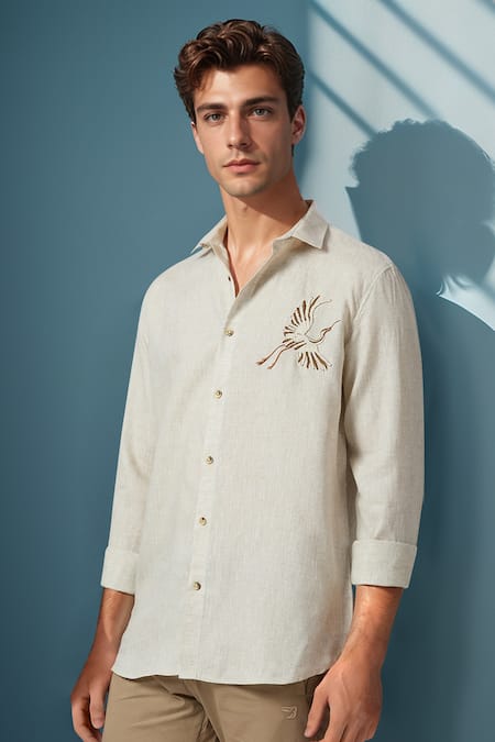 Buy_Arihant Rai Sinha_Beige Linen Embroidery Casual Shirt _Online_at_Aza_Fashions