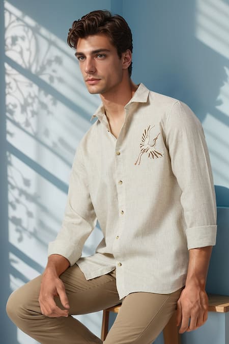 Shop_Arihant Rai Sinha_Beige Linen Embroidery Casual Shirt _Online_at_Aza_Fashions