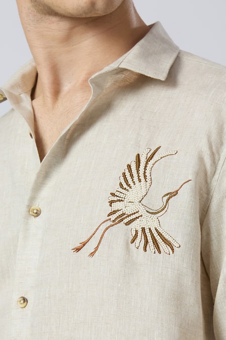 Arihant Rai Sinha_Beige Linen Embroidery Casual Shirt _at_Aza_Fashions