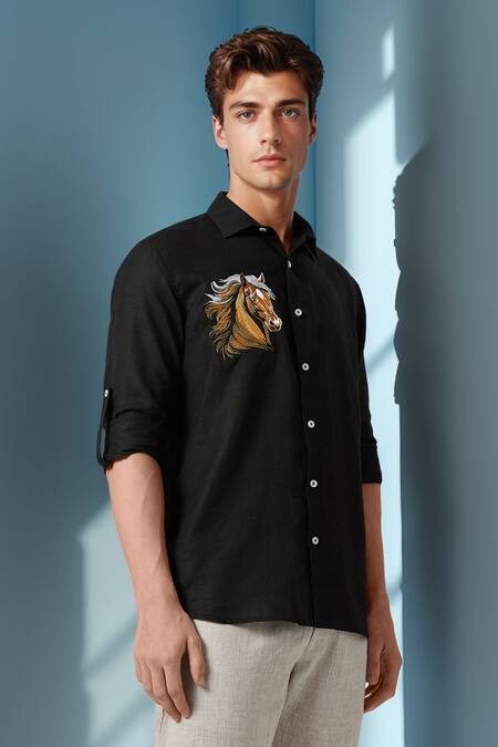 Arihant Rai Sinha Black Linen Embroidery Golden Stallion Pure Shirt Online at Aza Fashions Arihant Rai Sinha_Black Linen Embroidery Golden Stallion Pure Shirt _Online_at_Aza_Fashions