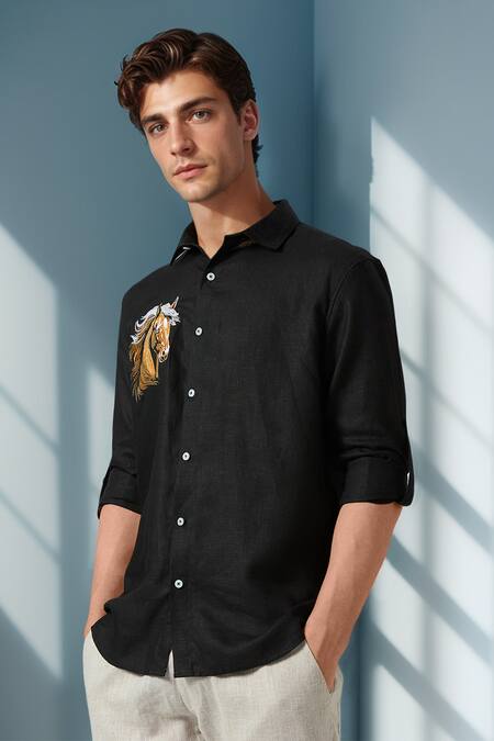 Buy Arihant Rai Sinha Black Linen Embroidery Golden Stallion Pure Shirt Online at Aza Fashions Buy_Arihant Rai Sinha_Black Linen Embroidery Golden Stallion Pure Shirt _Online_at_Aza_Fashions