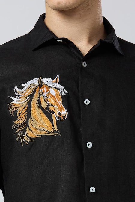 Shop Arihant Rai Sinha Black Linen Embroidery Golden Stallion Pure Shirt Online at Aza Fashions Shop_Arihant Rai Sinha_Black Linen Embroidery Golden Stallion Pure Shirt _Online_at_Aza_Fashions