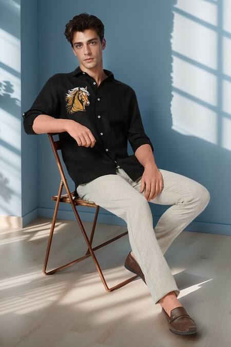 Arihant Rai Sinha Black Linen Embroidery Golden Stallion Pure Shirt at Aza Fashions Arihant Rai Sinha_Black Linen Embroidery Golden Stallion Pure Shirt _at_Aza_Fashions