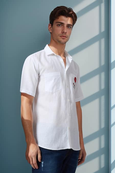 Shop Aryavir Malhotra White Linen Embroidery Royal Rose Pure Shirt Online at Aza Fashions Shop_Aryavir Malhotra_White Linen Embroidery Royal Rose Pure Shirt _Online_at_Aza_Fashions