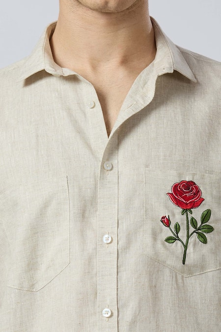 Arihant Rai Sinha_Beige Linen Embroidery Casual Shirt _Online_at_Aza_Fashions