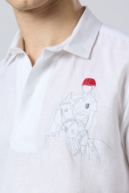 Shop_Aryavir Malhotra_White Linen Embroidery Equestrian Polo Pure T-shirt _Online_at_Aza_Fashions